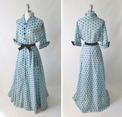 Vintage 50's Sheer Blue Flocked Sarburst Hostess Gown Dressing Robe L - Bombshell Bettys Vintage