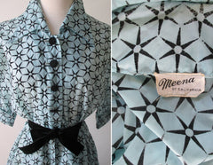 Vintage 50's Sheer Blue Flocked Sarburst Hostess Gown Dressing Robe L - Bombshell Bettys Vintage