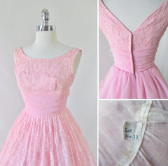 Vintage 50's Bubblegum Pink Lace & Chiffon Party Dress S - Bombshell Bettys Vintage