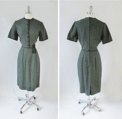 Vintage 50's Green Floral Knit Sheath Dress Tassel Detail M - Bombshell Bettys Vintage