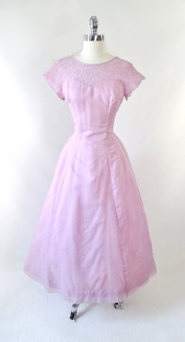 Vintage 50's Lilac Chiffon Illusion Lace Formal Gown / Party Dress M