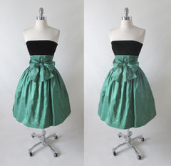 • Vintage 80's Strapless Green Silk Black Velvet Full Skirt Party Dress S - Bombshell Bettys Vintage