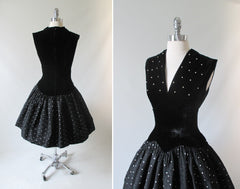 • Vintage 50's Black Velvet Pearl & Flocked Starburst Party Dress M - Bombshell Bettys Vintage