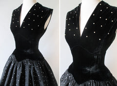 • Vintage 50's Black Velvet Pearl & Flocked Starburst Party Dress M - Bombshell Bettys Vintage
