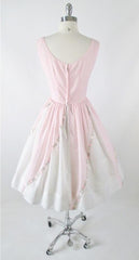 Vintage 50's Pink & White Embroidered Flower Fit & Flair Party Dress S - Bombshell Bettys Vintage