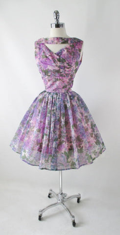 Vintage 50's Sheer Purple Floral Organdy Full Skirt Party Dress M
