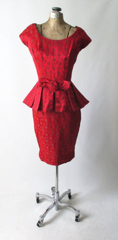Vintage 50's Red Satin Rose Brocade Peplum Sheath Party Dress S