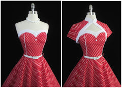 Vintage 50's Look Red Polka Dot Fit & Flare Dress Matching Bolero L / 14 - Bombshell Bettys Vintage