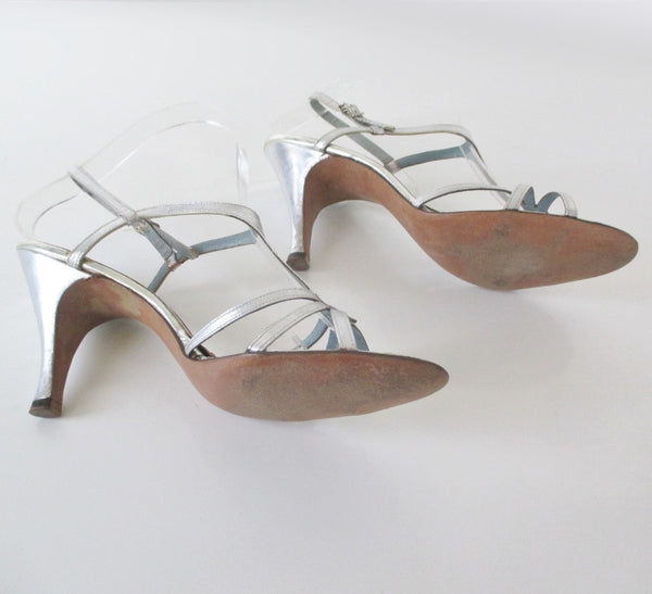 Vintage 50 s Silver Schiaparelli Strappy Heels Shoes Original Box 8. Bombshell Bettys Vintage