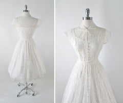 Vintage 50's White Lace Wedding Dress M - Bombshell Bettys Vintage