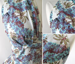 Vintage 50's Tropical Palm Hawaiian Style Full Skirt Halter Dress S - Bombshell Bettys Vintage