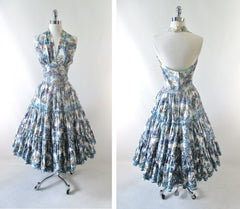 Vintage 50's Tropical Palm Hawaiian Style Full Skirt Halter Dress S - Bombshell Bettys Vintage