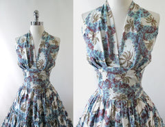 Vintage 50's Tropical Palm Hawaiian Style Full Skirt Halter Dress S - Bombshell Bettys Vintage