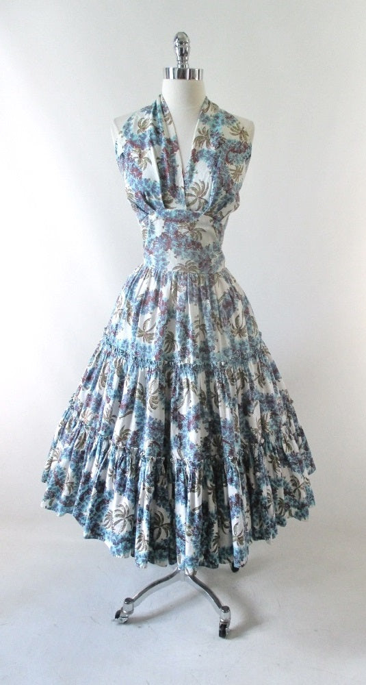 Vintage 50's Tropical Palm Hawaiian Style Full Skirt Halter Dress S - Bombshell Bettys Vintage