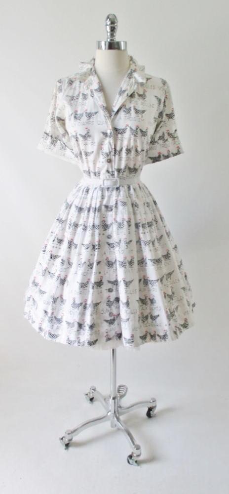 Vintage 50's French Hens Novelty Print Full Skirt Shirtwaist Day Dress S /M - Bombshell Bettys Vintage