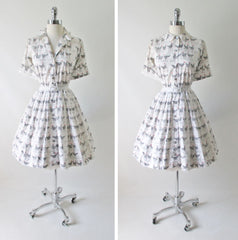 Vintage 50's French Hens Novelty Print Full Skirt Shirtwaist Day Dress S /M - Bombshell Bettys Vintage