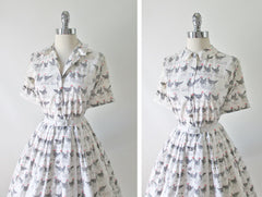 Vintage 50's French Hens Novelty Print Full Skirt Shirtwaist Day Dress S /M - Bombshell Bettys Vintage