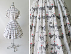 Vintage 50's French Hens Novelty Print Full Skirt Shirtwaist Day Dress S /M - Bombshell Bettys Vintage