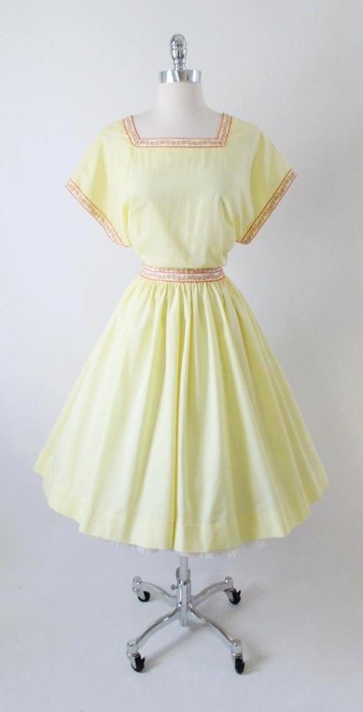 Vintage 50's 60's Sunny Yellow Full Skirt Party Day Dress L - Bombshell Bettys Vintage