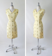 Vintage 50's Yellow Linen Embroidered Sheath Dress S - Bombshell Bettys Vintage