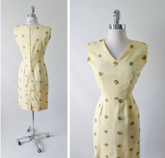 Vintage 50's Yellow Linen Embroidered Sheath Dress S - Bombshell Bettys Vintage
