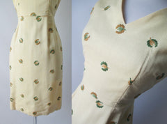 Vintage 50's Yellow Linen Embroidered Sheath Dress S - Bombshell Bettys Vintage