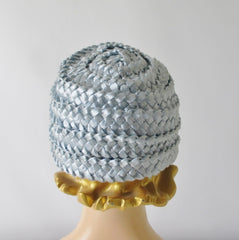 Vintage 60s Light Blue Rose Straw Bucket Hat - Bombshell Bettys Vintage