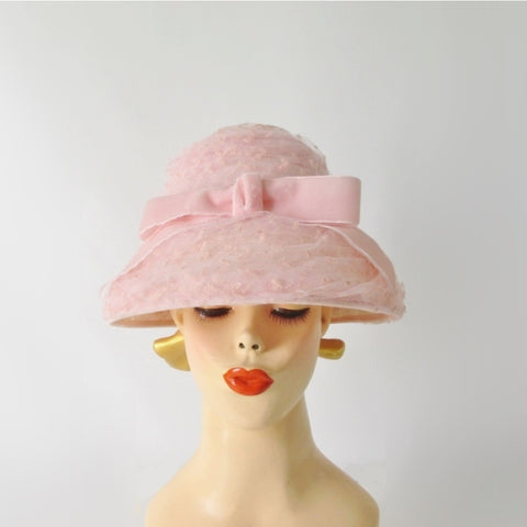 Vintage 60s Pink Tulle & Velvet Bow Beehive Bucket Hat