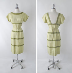 Vintage 50s Linen & Lace Sheath Dress M - Bombshell Bettys Vintage