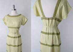 Vintage 50s Linen & Lace Sheath Dress M - Bombshell Bettys Vintage
