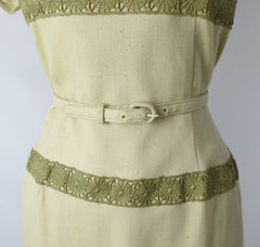 Vintage 50s Linen & Lace Sheath Dress M - Bombshell Bettys Vintage