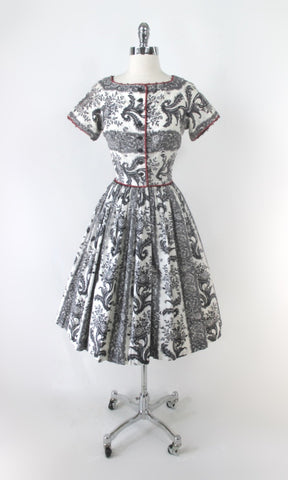Vintage 50s Black White Floral Lace Fit & Flare Party Dress S
