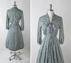 Vintage 50s Blue Yellow Flower Stroller Day Dress M - Bombshell Bettys Vintage