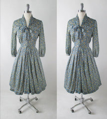 Vintage 50s Blue Yellow Flower Stroller Day Dress M - Bombshell Bettys Vintage