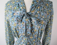 Vintage 50s Blue Yellow Flower Stroller Day Dress M - Bombshell Bettys Vintage