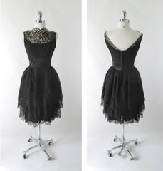 Vintage 60's 50's Black Tiered Lace & Satin Party Dress S - Bombshell Bettys Vintage
