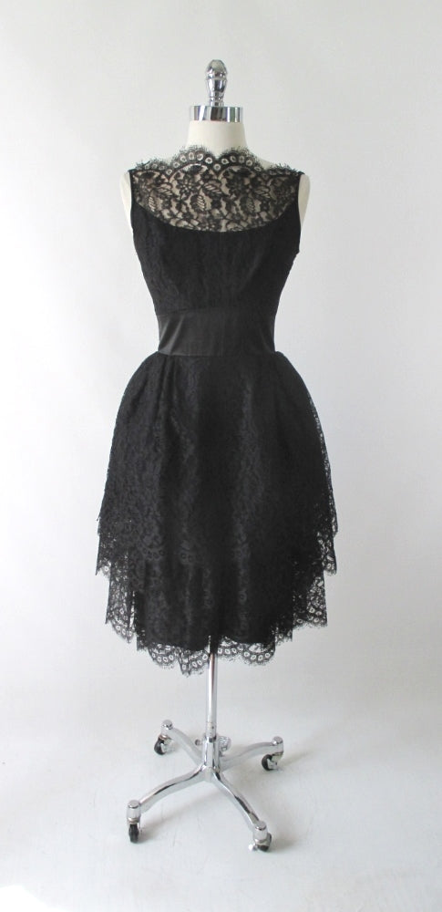 Vintage 60's 50's Black Tiered Lace & Satin Party Dress S - Bombshell Bettys Vintage