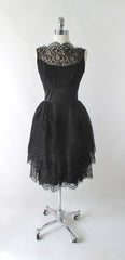 Vintage 60's 50's Black Tiered Lace & Satin Party Dress S - Bombshell Bettys Vintage