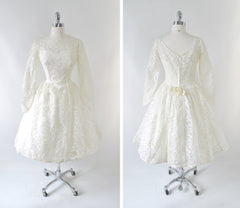 Vintage 60's Ivory White Lace Full Skirt Wedding Dress M - Bombshell Bettys Vintage