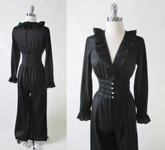 Vintage 60's / 70's Black Ruffle & Rhinestone Jumpsuit S - Bombshell Bettys Vintage