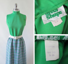 Vintage 70's MOD Green & Blue Plaid Maxi Dress M - Bombshell Bettys Vintage
