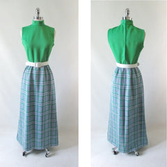 Vintage 70's MOD Green & Blue Plaid Maxi Dress M - Bombshell Bettys Vintage