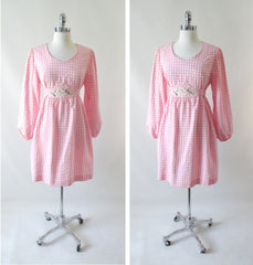 Vintage 70's Pink Gingham Seersucker Dolly Dress L - Bombshell Bettys Vintage