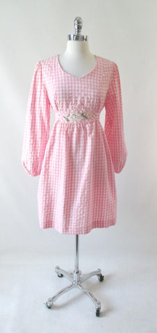 • Vintage 70's Pink Gingham Seersucker Dolly Dress L