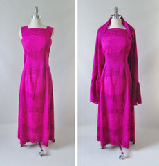 • Vintage 60's 70's Bold Purple Pink Watteau Maxi Dress & Matching Wrap XS - Bombshell Bettys Vintage