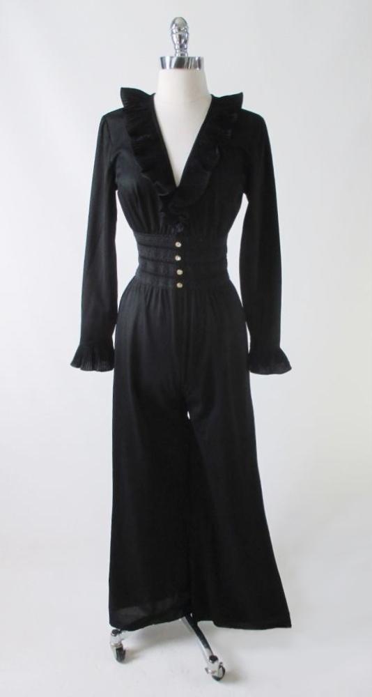 Vintage 60's / 70's Black Ruffle & Rhinestone Jumpsuit S - Bombshell Bettys Vintage