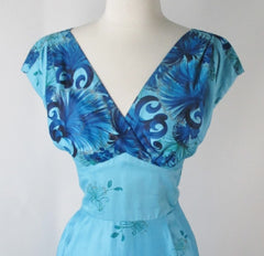 Vintage 60's Blue Hawaiian Ohia Lehua Floral Sheath Dress M - Bombshell Bettys Vintage