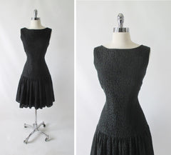 Vintage 60's Black Lace Flounced Sheath Party Dress M - Bombshell Bettys Vintage
