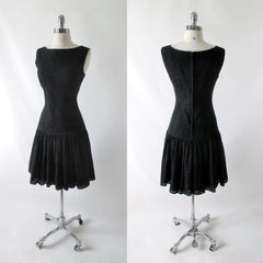 Vintage 60's Black Lace Flounced Sheath Party Dress M - Bombshell Bettys Vintage