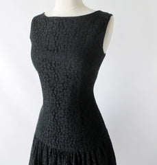 Vintage 60's Black Lace Flounced Sheath Party Dress M - Bombshell Bettys Vintage